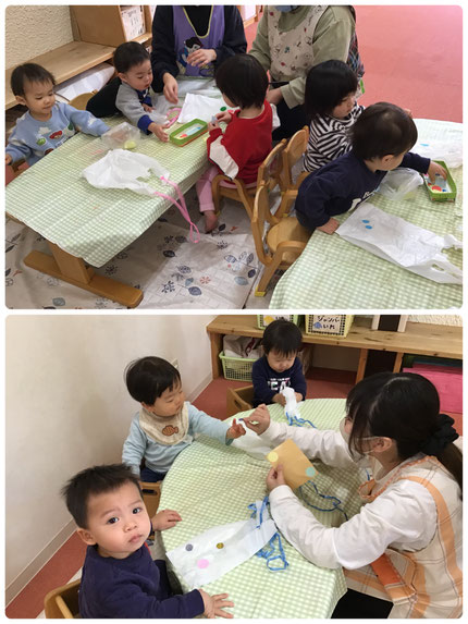今日は、そらぐみさんとひかりぐみさんは凧を作りました。紐のついたレジ袋に、「ピンクはる！」「みずいろ！」と好きな色のシールを貼っていました。