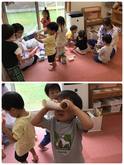 その後は、廃材やタフロープで遊びました。廃材でおままごとをしたり、「みてみて！みえるよ！」と、望遠鏡を作っている子もいました。