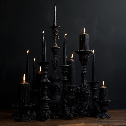 vier schwarze, gotische Kerzen auf verzierten Kerzenständern mit Säulen, im Stil dunkler Fantasiewesen, hyperrealistisches Stillleben, sorgfältiges Design, barocke verzierte und dramatische Kompositionen