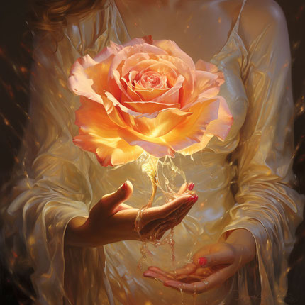 ein Gemälde einer Frau, die eine rosa Rose hochhält, im Stil ätherischer Lichteffekte, helles Gold und Orange, 32K UHD, realistische Darstellung, helles Bernstein und Bernstein, Liebe und Romantik