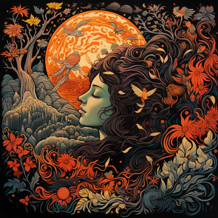 eine Dame, die am Nachthimmel schläft vor dem Vollmond umgeben von Vögeln Blumen Bäumen, im Stil komplizierter psychedelischer Landschaften, Orange und Bronze, detaillierte Flora und Fauna, äußerst detaillierte Illustrationen, Chicano-Kunst