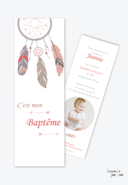 faire part baptême fille attrape reve plume tendance et pas cher-format marque page-plume