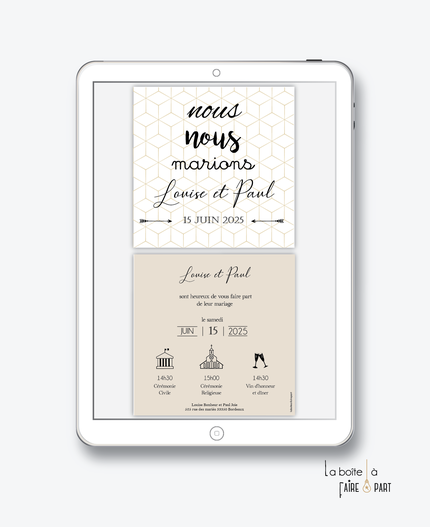 faire-part mariage numérique-faire part mariage digital-faire part numérique-pdf numérique-faire part mariage electronique -faire-part à envoyer par mms-par mail-réseaux sociaux-whatsapp-facebook-messenger-motif nid d'abeille-pictogrammes-fleches