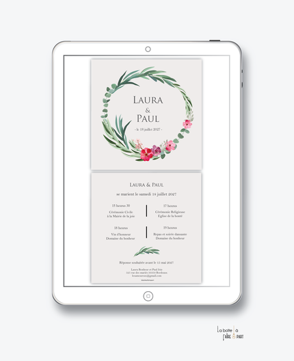 faire-part mariage-faire part mariage digital-faire part mariage numérique-pdf numérique-faire part mariage electronique -faire-part à envoyer par mms-par mail-réseaux sociaux-whatsapp-facebook-messenger-couronne d'eucalyptus-fleurs-champêtre-Laurier