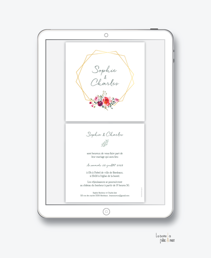faire-part mariage-faire part mariage digital-faire part mariage numérique-pdf numérique-faire part mariage electronique -faire-part à envoyer par mms-par mail-réseaux sociaux-whatsapp-facebook-messenger-fleurs-pivoine-bouquet champêtre-formes hexagonal