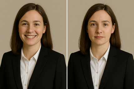 Vergleich Bewerbungsfoto mit Lächeln und neutralem Gesichtsausdruck
