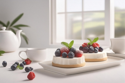 ラズベリーとブルーベリー、ミントの葉があしらわれたレアチーズケーキ。紅茶のカップとティーポット。