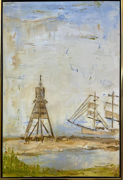 Momentaufnahme, Acryl- Mischtechnik - gemalt mit Wasser aus der Nordsee und Sandstrand, 120 x 80 cm, 2023