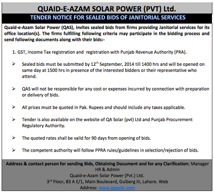 Tender Notice of Insurance of Janitorial Services (Valid till 12th September 2014)