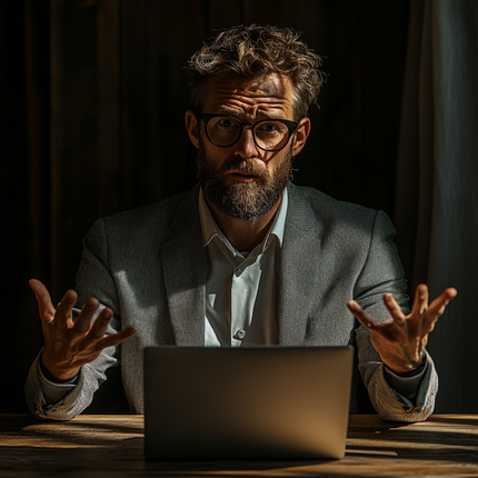 Verwirrter Mann vor Laptop mit Fragendem Blick