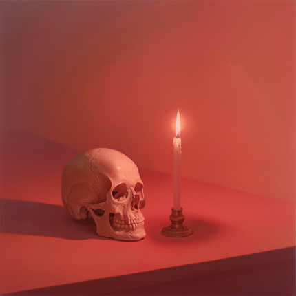 Ein Totenkopf sitzt auf einem dunkelroten Tisch vor der gleichfarbigen Wand neben einer brennenden Kerze, fotorealistisches Stillleben, helles Orange und Rosa, Tiefenwahrnehmung, Oktan-Rendering