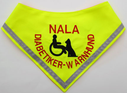 Halstuch für Diabetikerwarnhund,in neongelb mit Reflektor. Bestickt in rot mit Rollstuhl und Hund.