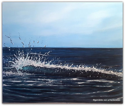 Ein maritimes Seebild auf einer Leinwand mit Acrylfarben in Blautönen gemalt, Acrylbild online kaufen.