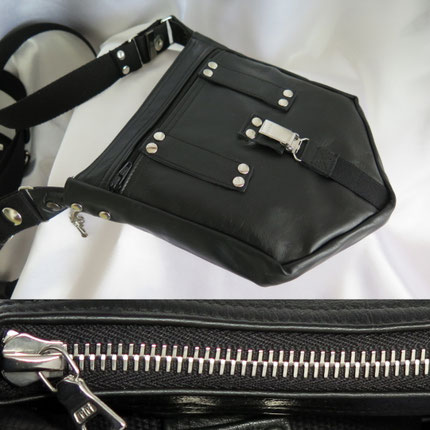 Herrentasche aus schwarzem Leder mit roten und weissen Streifen