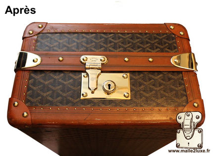 parfait polissage des laitons sur une valise Goyard ancienne