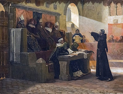 Castelnaudary, en 1319 : le franciscain Bernard Délicieux, meneur des Spirituels, devant le tribunal de l'Inquisition. Peinture "L'agitateur du Languedoc" par Jean-Paul Laurens (Toulouse, Musée des Augustins)