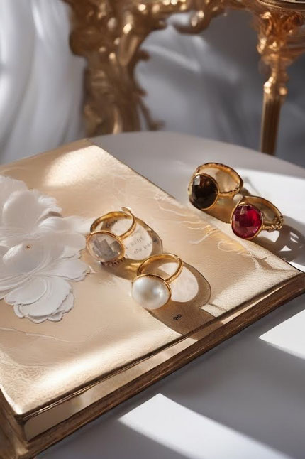 MOKOŠEV luxury jewelry, gold rings with colored gemstones and pearls on an elegant golden surface in warm light.