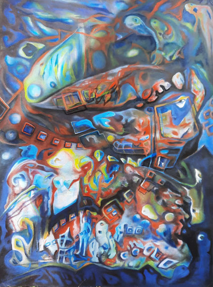 voila - juergen motzel - painting- oil on wood . blue and orange surreal forms