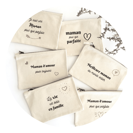 Cette image représente 6 pochette en toile de coton avec un message pour la fête des mères