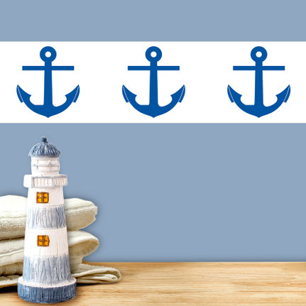 Vlies Bordüre: maritime Wandbordüre - blaue Anker auf weißem Hintergrund