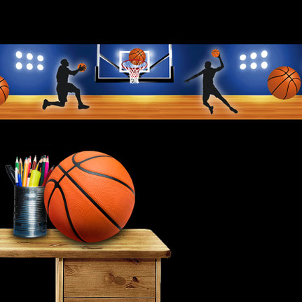 Vlies Bordüre: Basketball Spielfeld mit Basketballspielern und Basketbälle