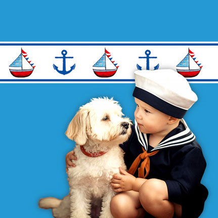 Vlies Bordüre: maritime Wandbordüre für Kinder- Anker und Segelboot mit blauen Streifen auf weißem Grund