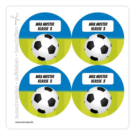 Motiv: Fußball blau-grün - 4 runde Namensaufkleber zum selber ausschneiden