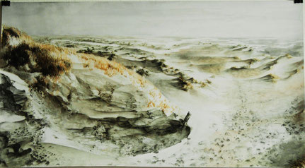 "Kelpies Kniepsand" links, Aquarell und Stifte, 50 x 90 cm, 2010