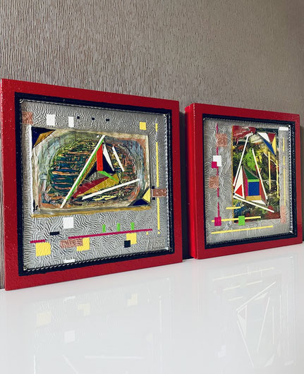 Zwei aus HOLZ, Acryllack und Farben handgearbeitete abstrakte Kunstwerke von dem Künstler Andreas Alka alias Floyd Atelier Floydart. 