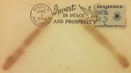 1954/6/1: Philippine Slogan Cancellation: “Invest in Peace and Prosperity”