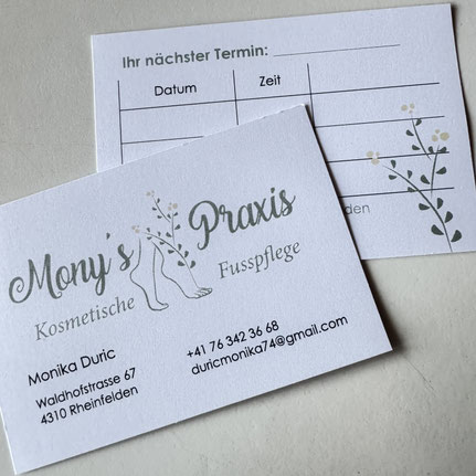 Druckatelier46 Vistenkarten für Mony's Praxis, kosmetische Fusspflege in Rheinfelden