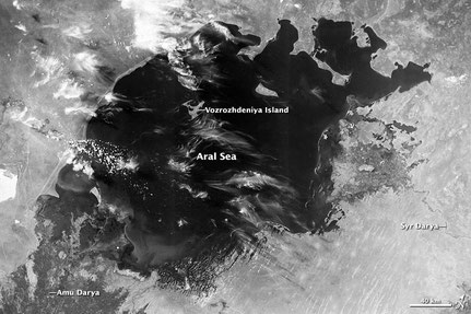 Der Aralsee, bevor die Baumwollproduktion ihn austrocknete (Bild: NASA)