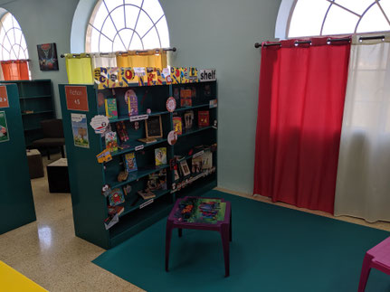 Das monatliche Regal der Kinderbibliothek. Die Sommerferien enden bald hier (12 Wochen), daher viel "Back to school".
