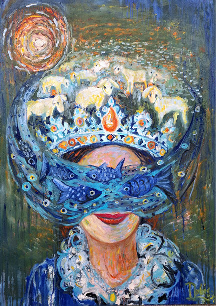 A queen, dressed in a rococo gown, radiating dignity and elegance. Upon her head rests a crown, where a peaceful meadow unfolds with grazing lambs – symbols of purity and innocence. Flowing down from the crown is a blue veil, adorned with deep-blue fish, 