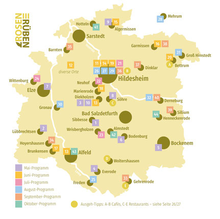 Übersichtskarte der Rosen&Rüben-Veranstaltungen 2025 aus dem Programmheft