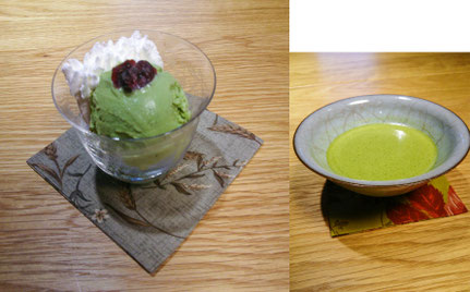 茶農家（上香園）さんの抹茶アイスクリームと碾茶農家（上嶋さん）の抹茶               