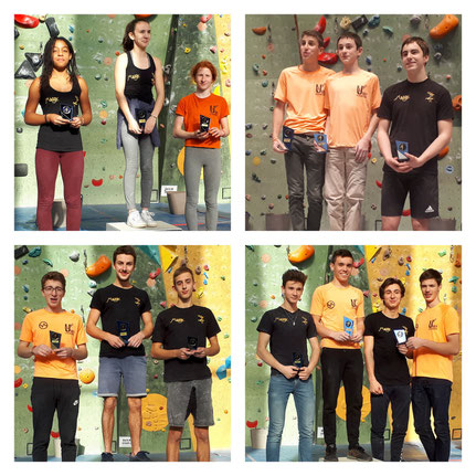 Podiums Minimes F et H (en haut),  Juniors H (bas gauche), et Cadet H (bas droite)  