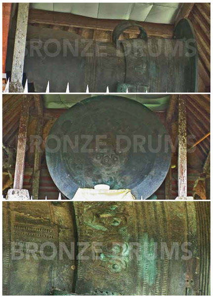 Fig. 20. Exceptional views of Moon of Pejeng drum in situ at three meters above ground. View in length (L198 cm)/Tympan detail (D160 cm)/ central decoration detail with faces (dowmwards)
