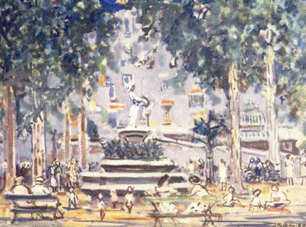 Jean Milhau, Place avec fontaine, 1960, signé et daté en bas à droite (oeuvre détruite)