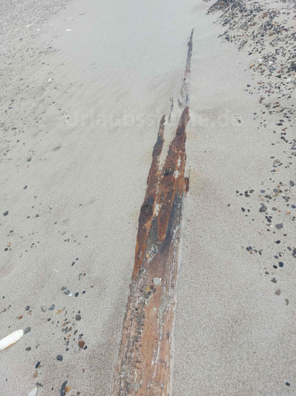 Schiffsplanke durch einen Orkan an Land geschwemmt und halb mit Sand verdeckt.