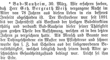 Nachruf in der Wetterauer Zeitung vom 30. März 1901