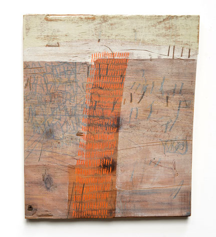 Plank No. 5, acrylic & drawing media on 3/4" reclaimed pine, 12"x 10", 2021. $375
