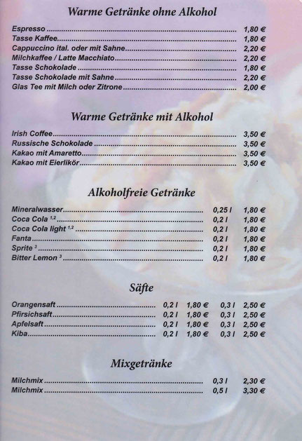 Getränkekarte Seite 1