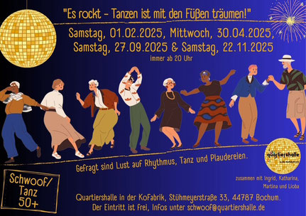 Es rockt. Tanzen ist mit den Füßen träumen. 4 Termine pro Jahr. Ab 20.00 Uhr in der KoFabrik Bochum. Flyer OGR Bochum
