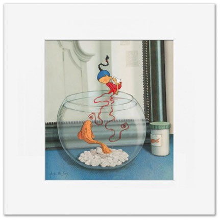 Illustration de Timeliot jouant au-dessus d'un aquarium avec un poisson rouge