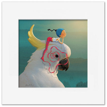 Illustration d'un beau cacatoès blanc. Timeliot regarde à l'horizon le soleil couchant, perché sur sa tête