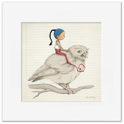 Illustration de Timeliot assis sur le dos d'une chouette. Elle nous regarde