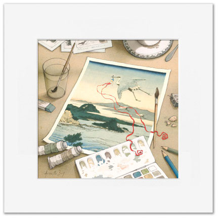 Un héron d'une estampe japonaise a attrapé Timeliot par la natte et l'entrîne dans le dessin