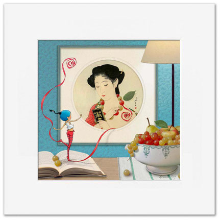 Illustration de Timeliot qui regarde une estampe japonaise d'une femme