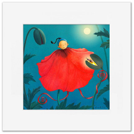 Illustration de Timeliot dans un coquelicot la nuit. Il est éclairé par la lumi§-ère d'une luciole
